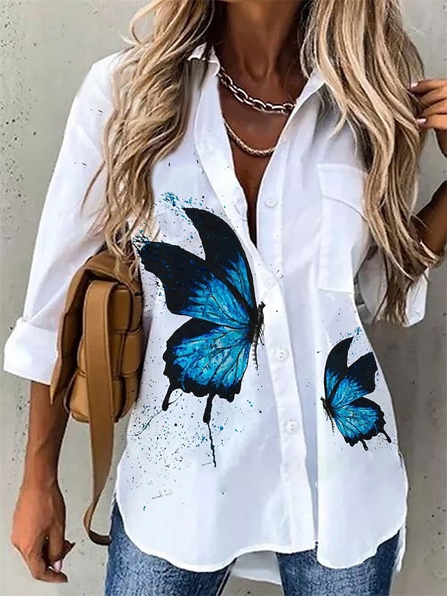  Women's Blouse Shirt White Butterfly Button Pocket Long Sleeve Office Business Streetwear Casual Shirt Collar Regular Butterfly S / Print