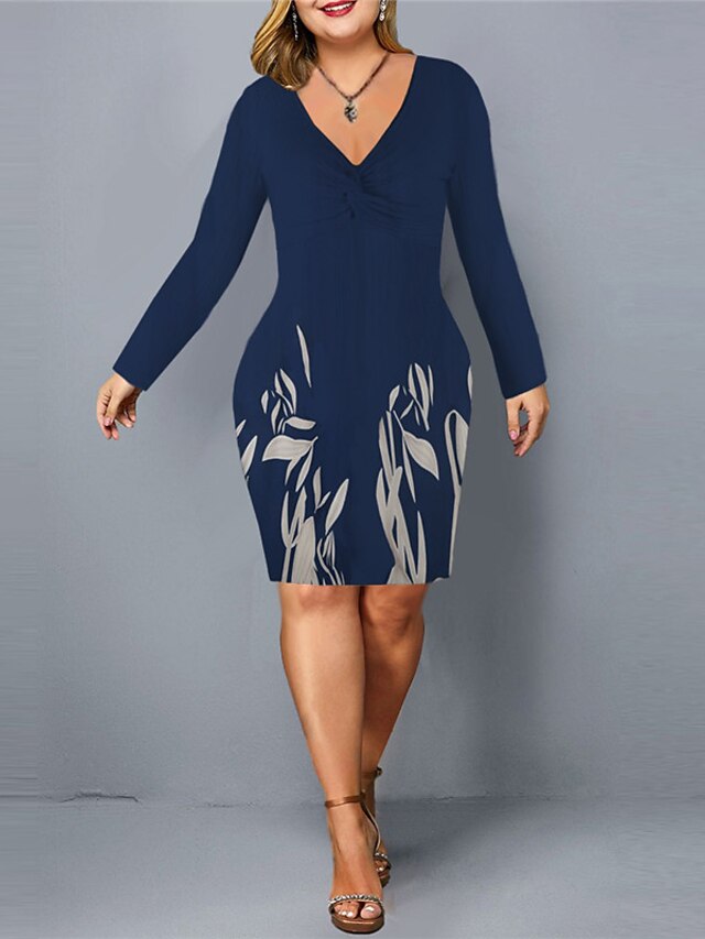 Women's Plus Size Work Dress Floral V Neck Print Long Sleeve Fall