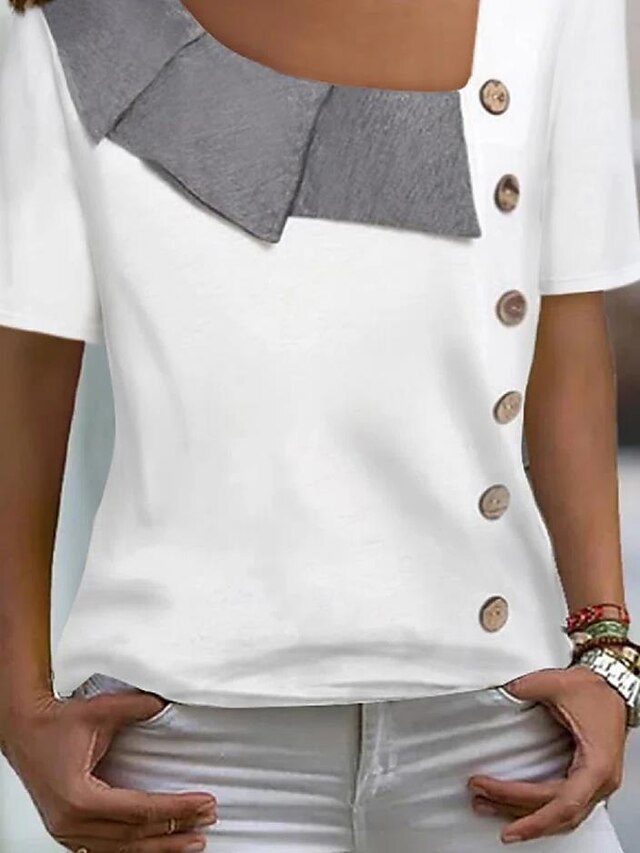 Women's Shirt Blouse Color Block Daily Weekend Button Print White Short ...