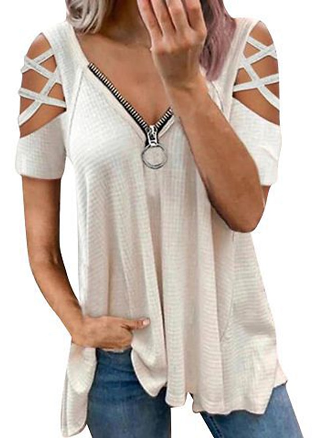  Women's Blouse Shirt Tunic Pink Wine Gray Plain Cut Out Flowing tunic Short Sleeve Daily Weekend Streetwear Casual V Neck Regular S