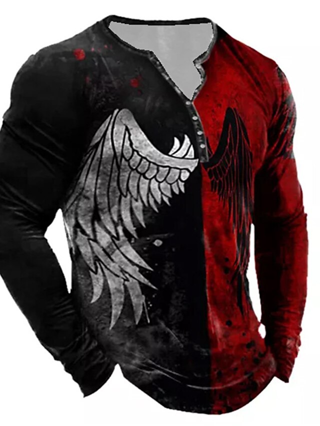  Men's T shirt Tee Henley Shirt Tee Graphic Color Block Wings Henley Black / Red Green Blue Red Long Sleeve 3D Print Plus Size Outdoor Daily Button-Down Print Tops Basic Designer Classic Comfortable