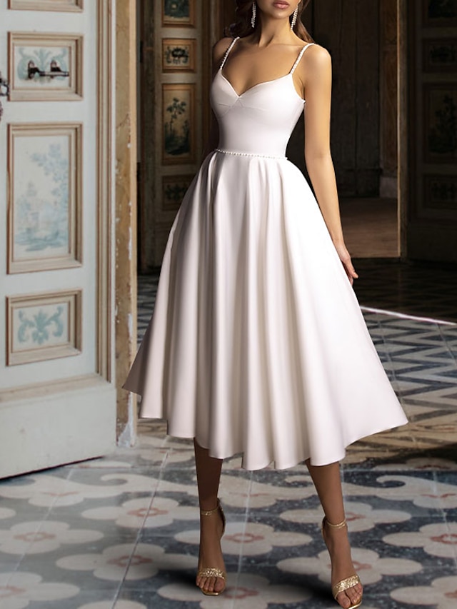  מקלחת כלה שמלות לבנות קטנות שמלות חתונה גזרת A לב (סוויטהארט) תחתונית כתפיות ספגטי באורך הקרסול סאטן שמלות כלה עם חרוזים 2024