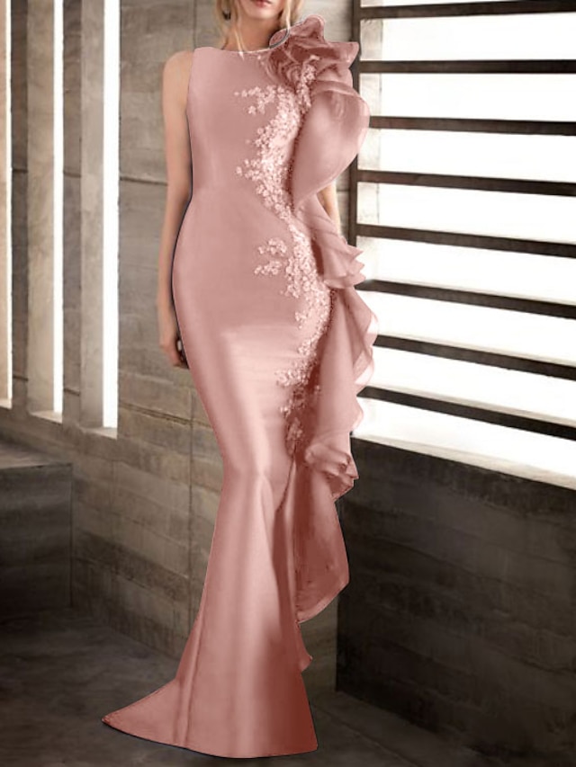  Meerjungfrau Abendkleid Elegantes Kleid Verlobung Formale Abendkleidung Bodenlänge Ärmellos Juwel Dekolleté Herbst Hochzeitsgast Stretch-Satin mit Applikationen Maskeradenkleid
