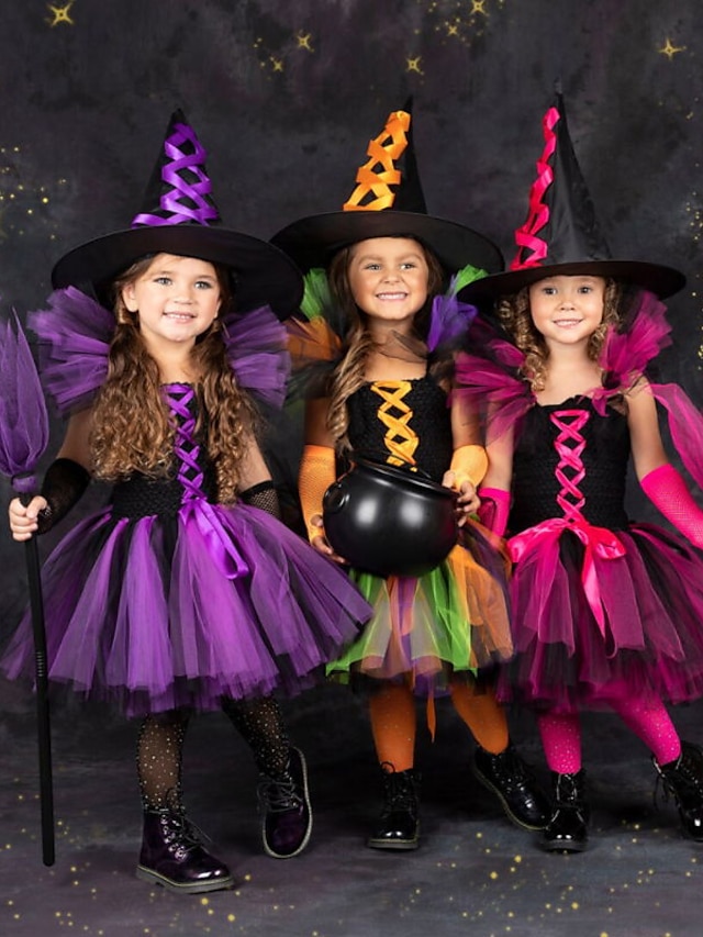  Halloween Fete 3D Peteci Costum de vrăjitoare pentru copii Set rochii Set de îmbrăcăminte Manșon scurt Vară Primăvară Toamnă Costume Bumbac Copil 2-8 ani Costume Cosplay Fit regulat
