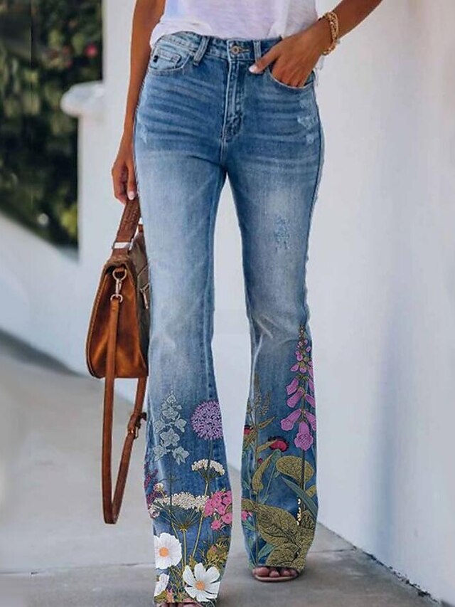  jeans évasés à la mode pour femmes jambes larges poches latérales imprimer pantalons longs week-end décontracté micro-élastique papillon fleur / confort floral 31802 2xl