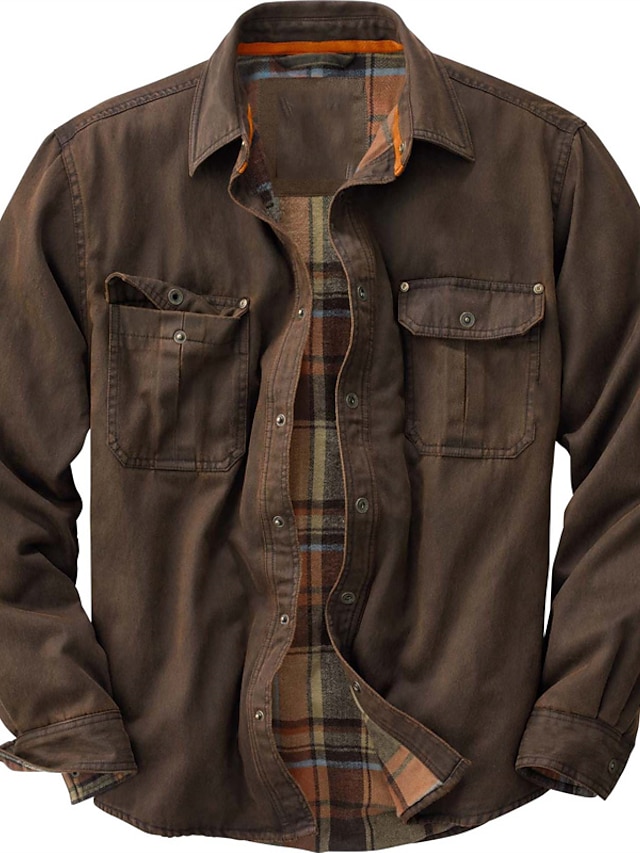  Men's Flannel Shirt Solid Color Turndown Orange Long Sleeve Street Daily Button-Down Tops Fashion Casual Comfortable
