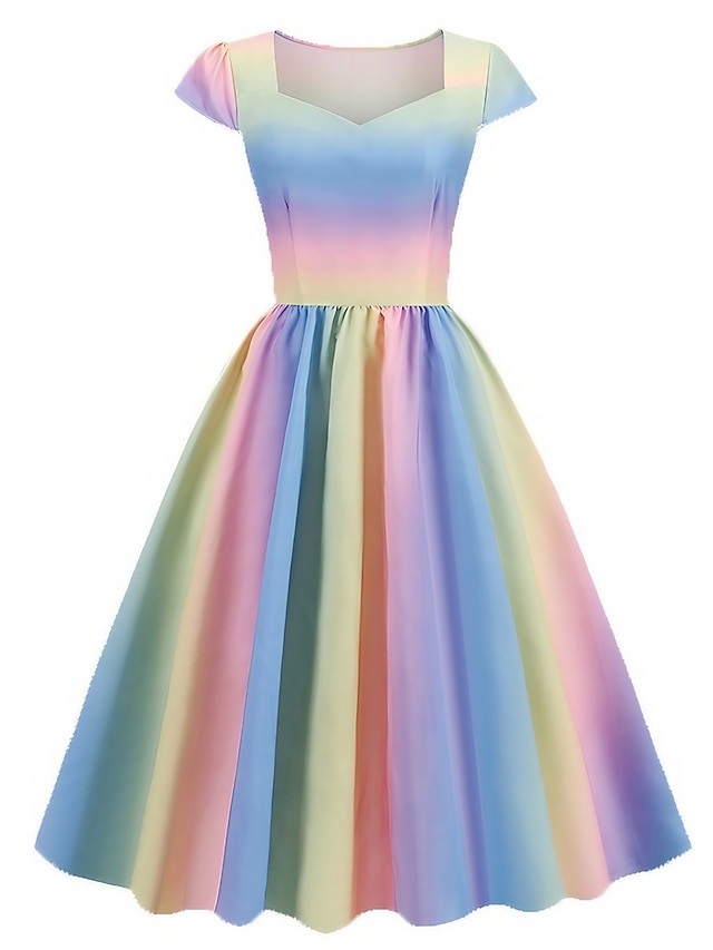  vestido swing feminino vestidos de chá vintage vestido midi arco-íris manga curta estampa arco-íris outono inverno gola quadrada anos 1950 2023 estilo s m l xl xxl
