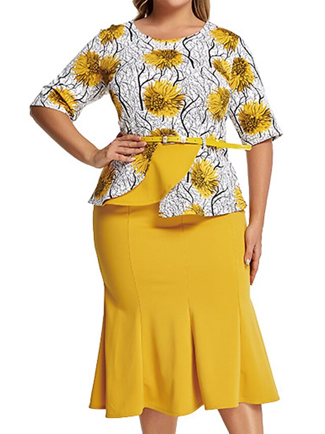 Women's Plus Size Work Dress Floral Crew Neck Ruffle Half Sleeve Spring
