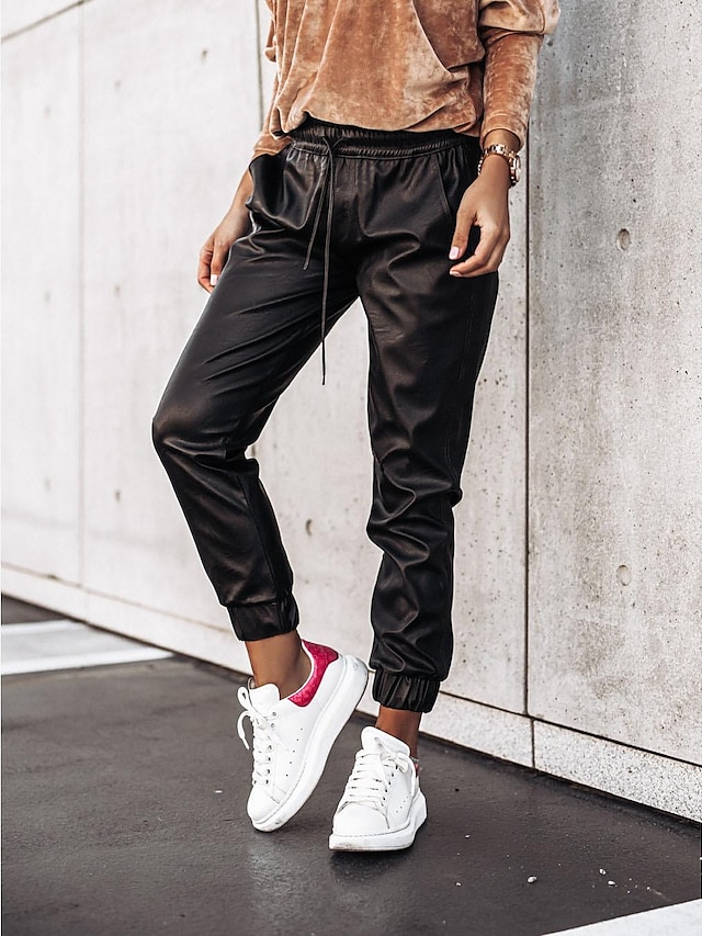  Women's Joggers Chinos Faux Leather Black khaki Mid Waist Fashion Party Casual Weekend Side Pockets Micro-elastic Ankle-Length Comfort Plain S M L XL 2XL