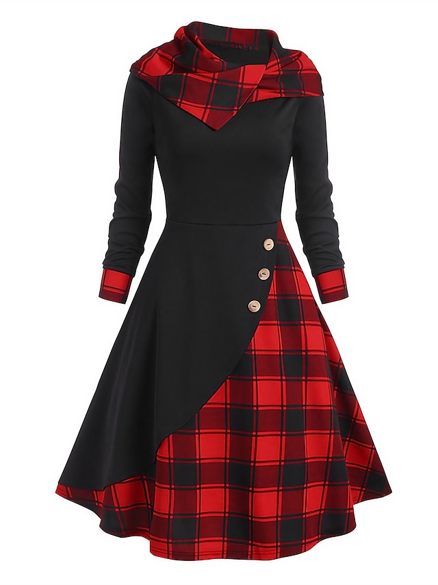  vestito da vigilia di capodanno delle donne vestito scozzese tubino abito nero vino rosso manica lunga plaid patchwork autunno inverno con cappuccio moderno abito invernale week-end autunno vestito