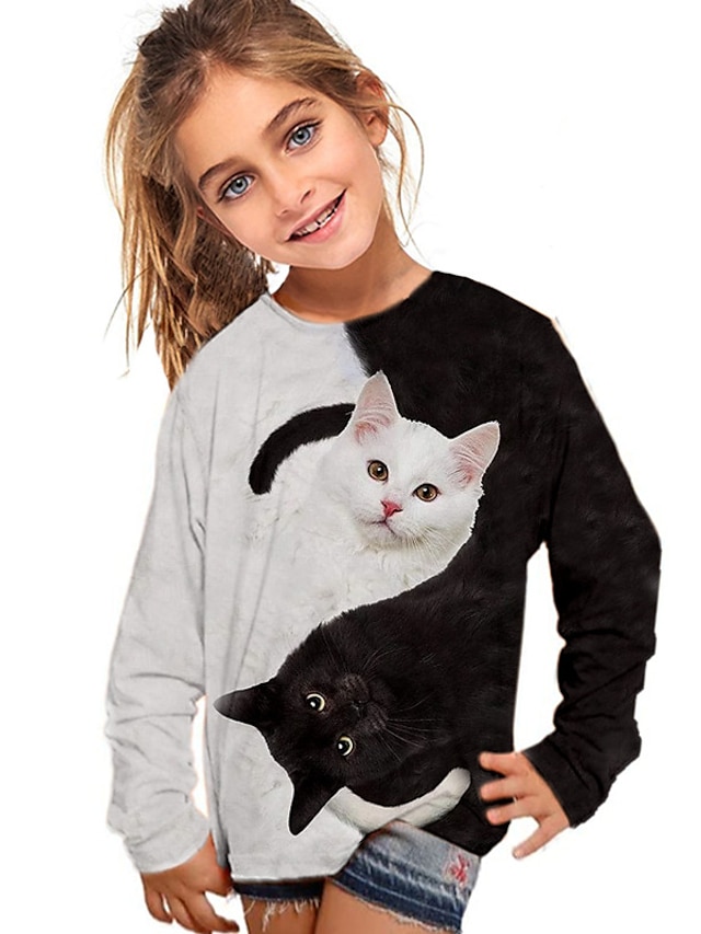  子供 女の子 Tシャツ 長袖 3Dプリント 猫 動物 グレー 子供達 トップの 秋 冬 活発的 ファッション 日常 日常 アウトドア レギュラー 3〜12年