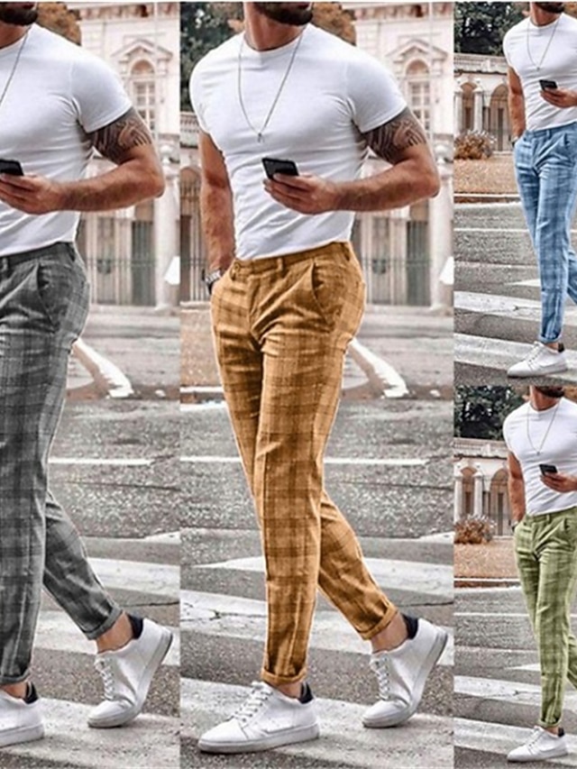  Men's Straight Sweatpants Trousers Pants Pocket Plaid Comfort Breathable Casual Daily Cotton Blend Sports Fashion Green Blue Micro-elastic
