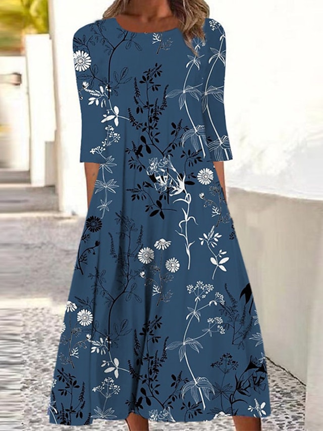  نسائي لباس غير رسمي فستان شيفت فستان ميدي أزرق البحرية 3/4 الكم ورد مكشكش الصيف الربيع رقبة دائرية العطلة 2023 S M L XL XXL 3XL 4XL 5XL