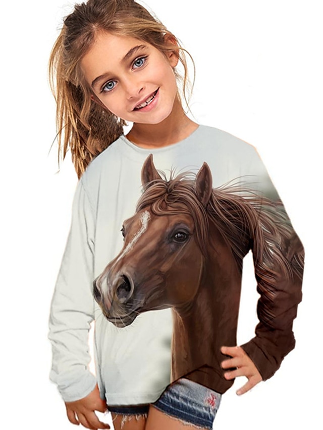  Kids Girls' T shirt Long Sleeve 3D Print Horse Animal White Children Tops Fall Winter Active Fashion Daily Outdoor Regular Fit 3-12 Years