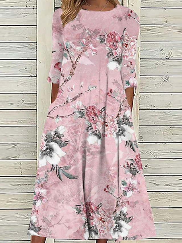  Női A vonalú ruha Midi ruha Arcpír rózsaszín Féhosszú Virágos Nyomtatott Ősz Tél Terített nyak Divat Modern 2022 S M L XL XXL