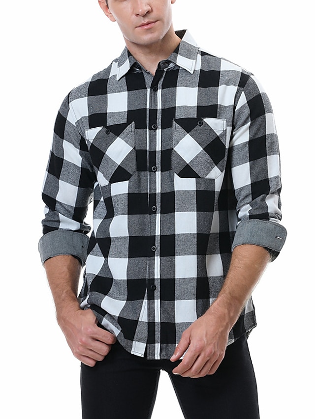  Men's Flannel Shirt Thick Shirt Check Turndown Black / White Black / Gray Green Black Yellow Long Sleeve Street Daily Button-Down Tops Fashion Casual Comfortable