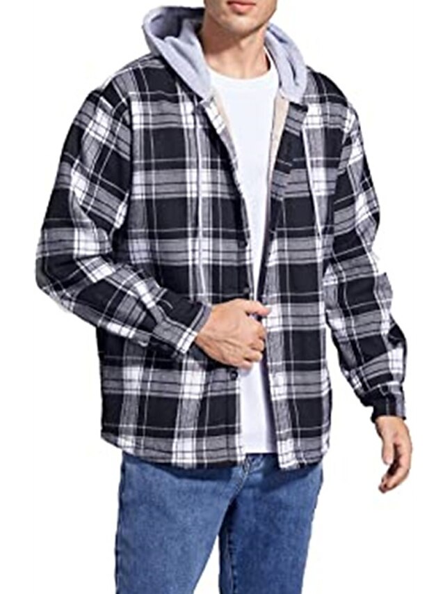  Men's Flannel Shirt Jacket Shirt Jacket Shacket Long Sleeve Plaid Hooded Black / Gray Dark Green Khaki Print Street Daily Button-Down Clothing Apparel Fashion Casual Comfortable