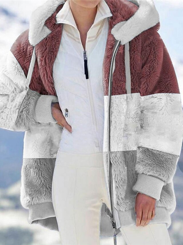 Women's Plus Size Teddy Coat Coat Pocket Color Block Outdoor Causal ...