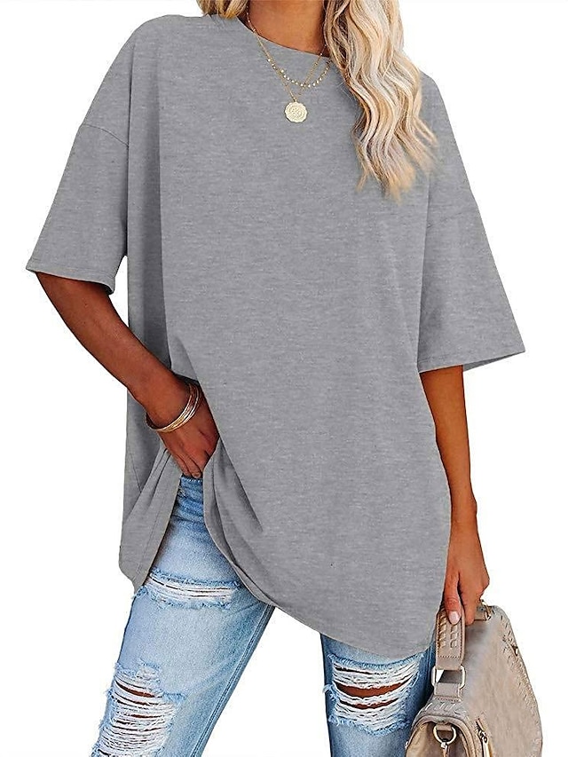  Women's Clothing Basic Oversized Round Neck T-shirts Plain New Color Loose Shoulder Sleeve Round Neck Short Sleeve Top