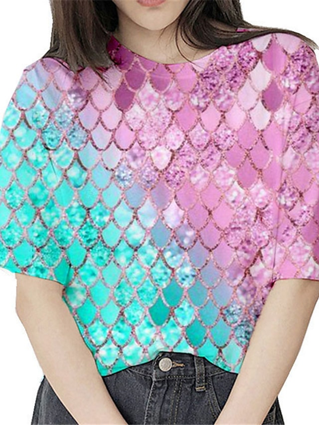  Pige 3D Havfrue T-shirt Kortærmet 3D-udskrivning Sommer Forår Aktiv Mode Sød Stil Polyester Børn 3-12 år udendørs Daglig Regulær