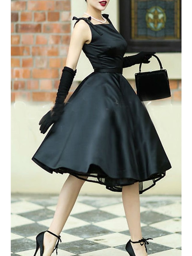  А-силуэт коктейльное черное платье винтажное платье выпускной свадьба гость чайная длина без рукавов с квадратным вырезом атлас с поясом/лентой бантом(ами) чистый цвет 2024