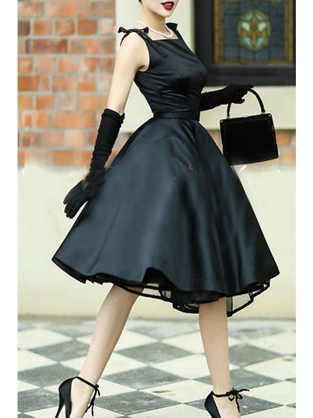  A-Line Cocktail Black Dress Vintage Dress Graduation Wedding Guest Tea Length Sleeveless Square Neck Satin with Sash / Ribbon Bow(s) Pure Color 2024