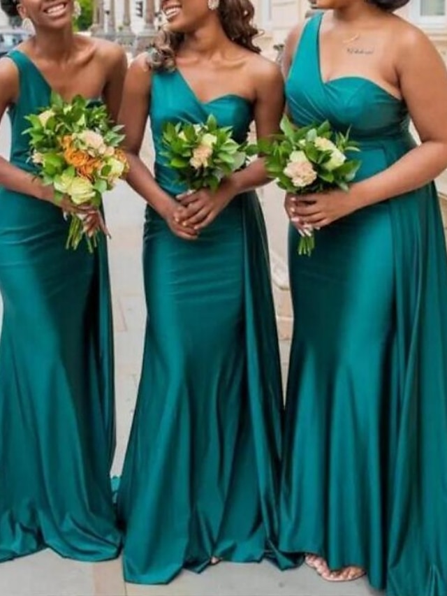  Mermaid / Trumpet Bridesmaid Dress One Shoulder Sleeveless Elegant Sweep / Brush Train Spandex with Draping / Solid Color 2023
