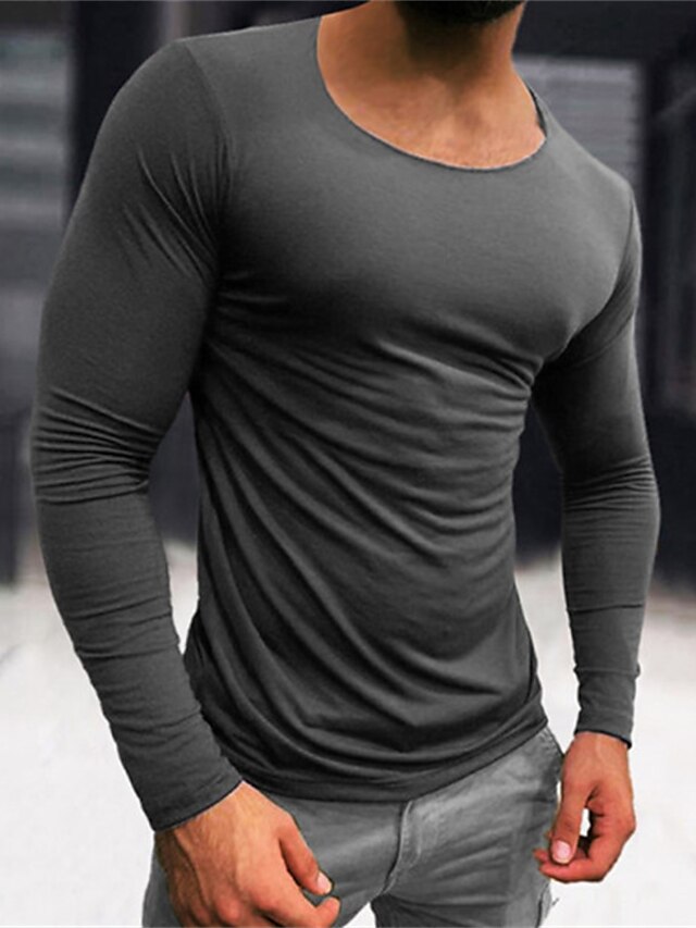 Men's T shirt Tee Solid Color Crew Neck Dark Gray Street Sports Long ...