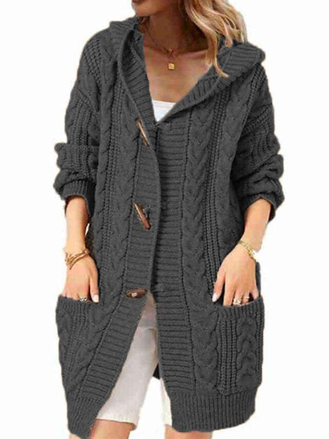 Women's Cardigan Sweater Jumper Cable Knit Tunic Button Pocket Pure ...