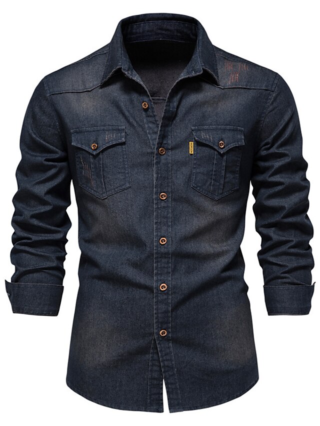 Men's Denim Shirt Jeans Shirt Turndown Casual Daily Long Sleeve Tops Cotton Simple Black Blue