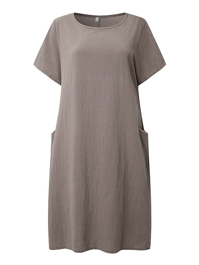 Women‘s Shift Dress Knee Length Dress Short Sleeve Pure Color Pocket