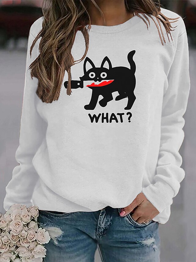  Women's Sweatshirt Pullover Monograms Print Active Streetwear Black White Pink Cat Text Daily Long Sleeve Round Neck