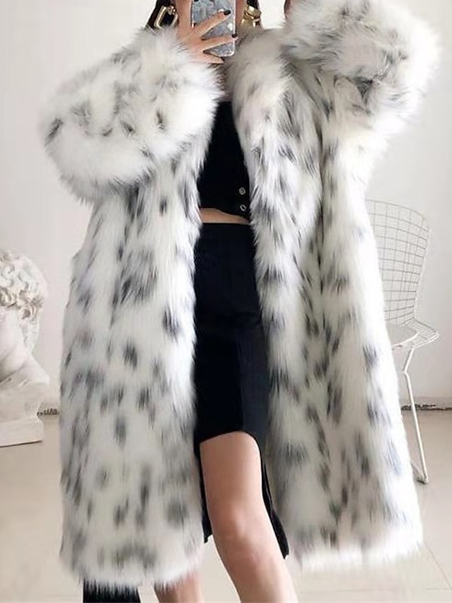  Women's Faux Fur Coat Modern Comfortable Street Style Plush Patchwork Pocket Outdoor Daily Wear Vacation Going out Faux Fur Long Coat Winter Fall White Cardigan Turndown Loose Fit S M L XL XXL / Warm
