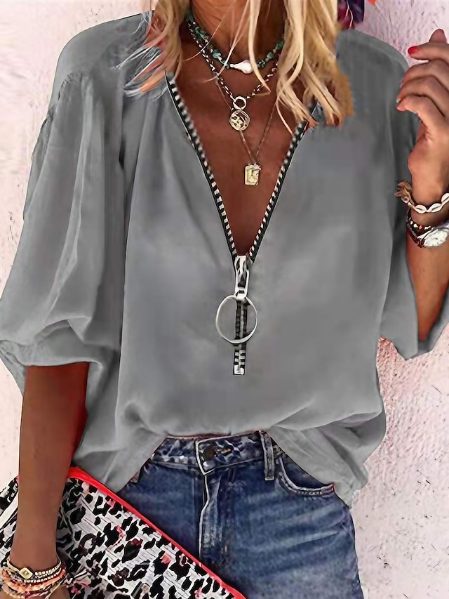  Women's Shirt Blouse Marron Black White Plain Zipper 3/4 Length Sleeve Casual V Neck Regular S