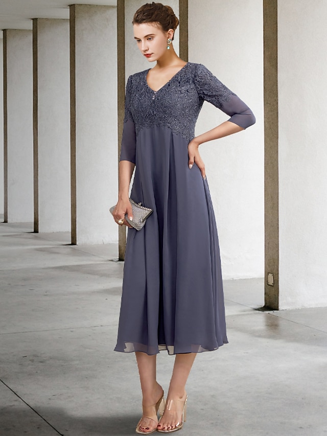 Lace Applique Plus Size V-Neck Tea-Length Mother of the Bride & Groom Dresses main image 1
