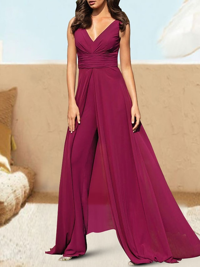  Macacão Vestidos de noite Elegante Vestido Convidado do casamento Baile de Formatura Cauda Capela Sem Manga Decote V Chiffon com Franzido Cor Pura 2024