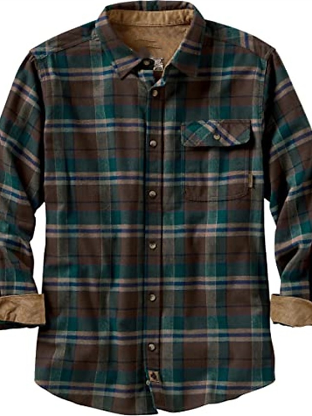  Men's Flannel Shirt Plaid Turndown White+Red Green Wine Navy Blue Green / White Long Sleeve Print Street Daily Button-Down Tops Fashion Casual Comfortable