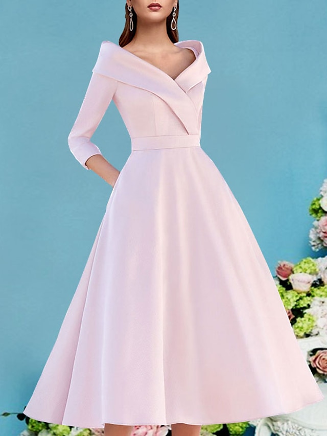  A-Line Mother of the Bride Dress Wedding Guest Elegant Vintage V Neck Tea Length Satin 3/4 Length Sleeve with Pleats 2024