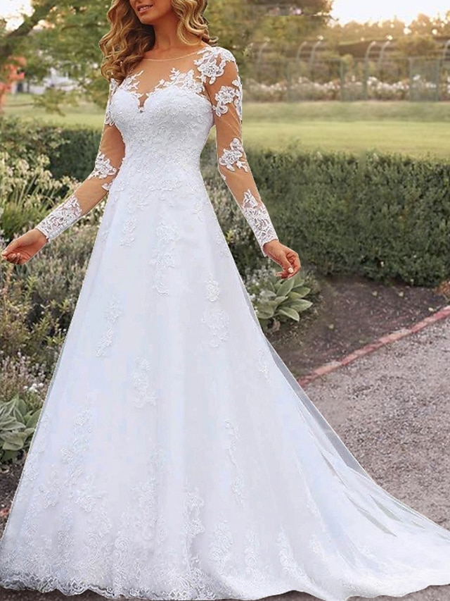  Open Back Formal Wedding Dresses A-Line Illusion Neck Long Sleeve Court Train Lace Bridal Gowns With Beading Appliques 2024