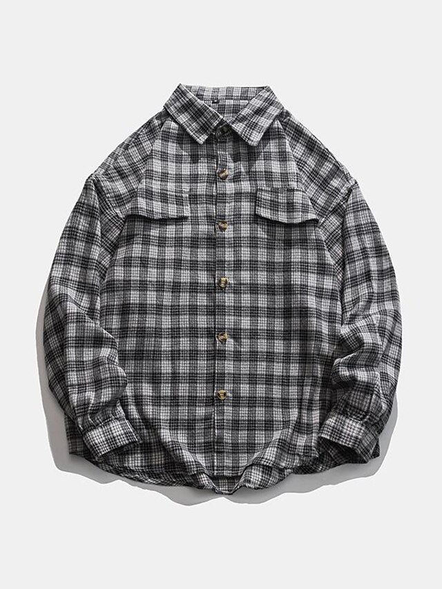  Men's Flannel Shirt Casual Daily Outdoor Classic Print Check Graphic Patterned Turndown Street Button-Down Print Long Sleeve Tops Fashion Comfortable Black Dark Green Khaki Winter Spring Fall Warm