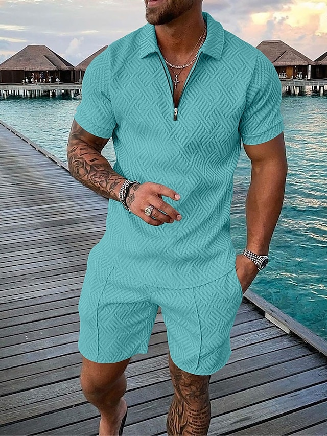  Herre Figurer POLO T-skjorte Skjortdrakter Kort Erme Skjorte V-hals Men's leisure suit utendørs Arbeid 3D-utskrift Svart / Hvit Svart Navyblå Grå Lyseblå Glidelås Flettet Klær Fritid