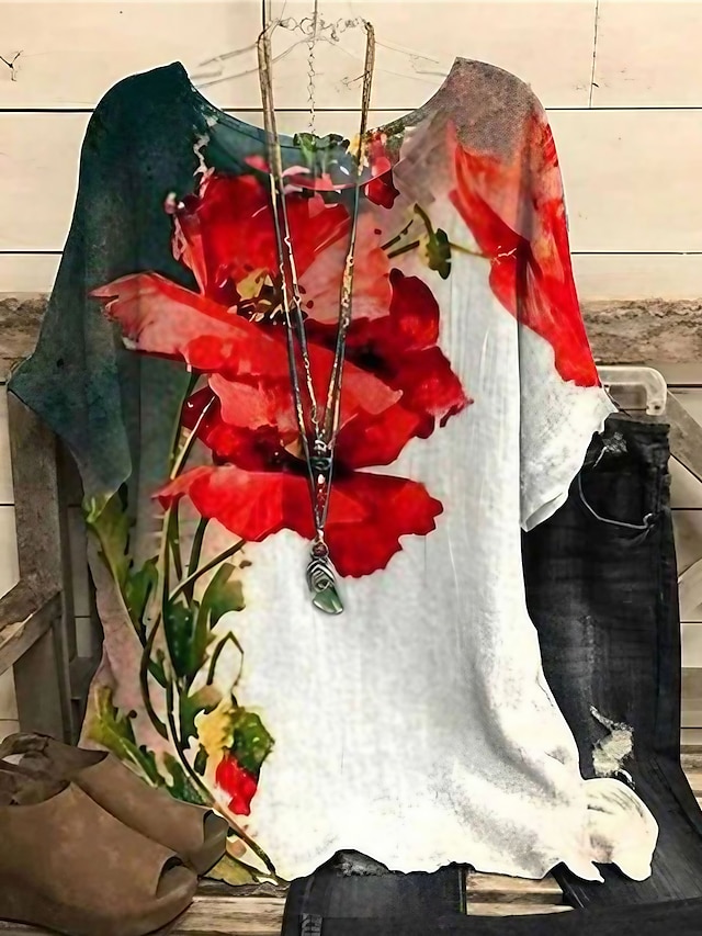  Damen Übergröße Hemd Bluse Chiffon Leinen Blumen Bedruckt Täglich Urlaub Vintage Strassenmode Urlaub Dolman-Ärmel Kurzarm Rundhalsausschnitt Gelb Sommer Frühling