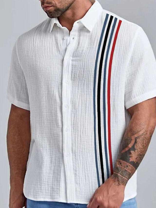  Men's Seersucker Shirt Striped Turndown White Print Daily Holiday Short Sleeve Button-Down Clothing Apparel Fashion Lightweight Casual Comfortable / Summer / Summer / Beach