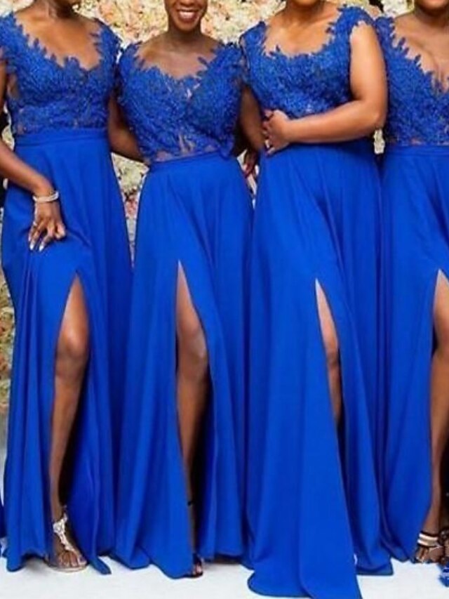 ALine Bridesmaid Dress V Neck Sleeveless Elegant Floor Length Chiffon / Lace with Split Front