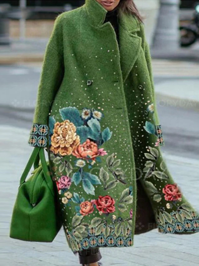Women's Winter Coat Long Overcoat Floral Print Trench Coat Thermal Warm ...