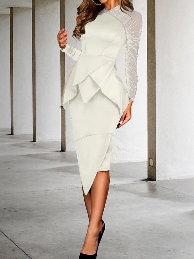  Sukienki cocktailowe o kroju tuby Elegancka sukienka gościa weselnego w pracy długości do kolan z długimi rękawami wysokim dekoltem spandex z marszczonymi falbanami