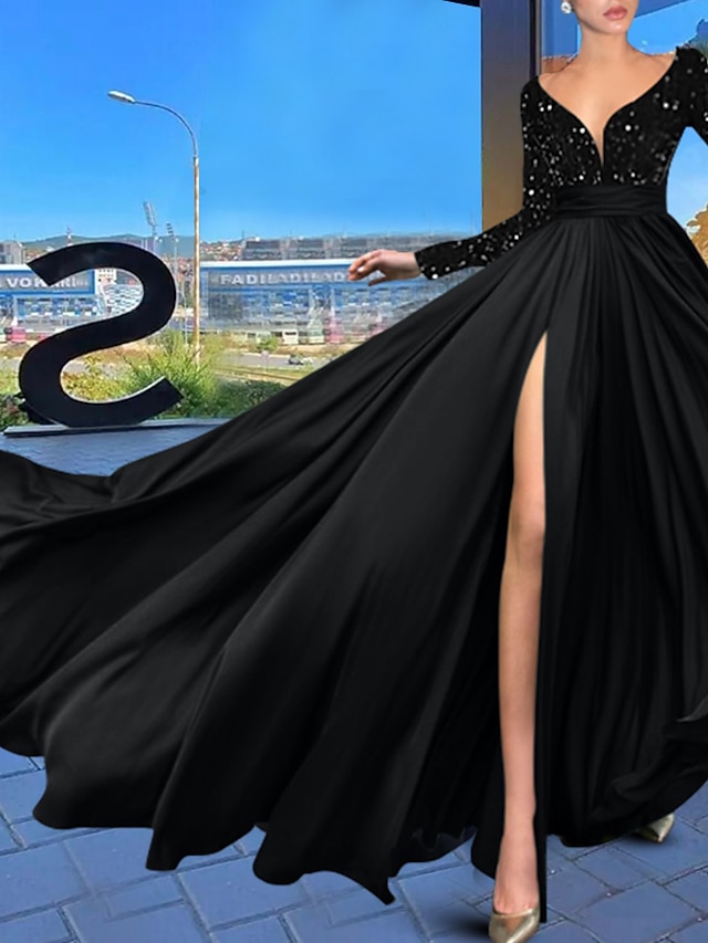  A-Line Evening Gown Sparkle & Shine Dress Wedding Guest Prom Court Train Long Sleeve V Neck Chiffon with Sequin Slit 2024