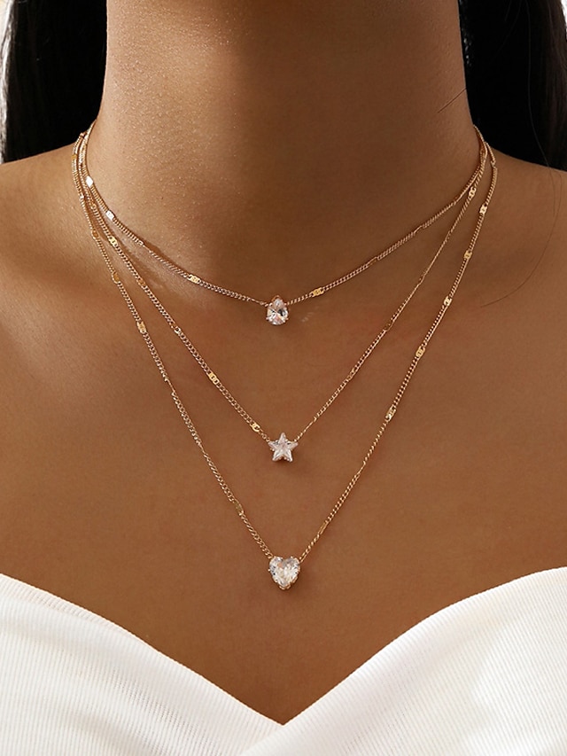  Women's Necklace Heart Star Cut Zirconia Alloy Necklace Classic Six-Prong Small Zircon Dangling Necklace Dainty Necklace For Women Girls/Wedding Gift, Birthday Gift