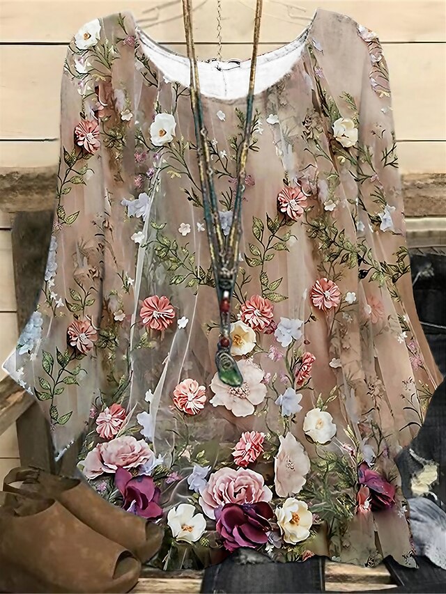 Women's Plus Size Blouse 3D Print Vintage Holiday Casual Floral Print Regular Tops Crew Neck Vacation Daily Black White Dark Green Green khaki Spring Fall Winter 6