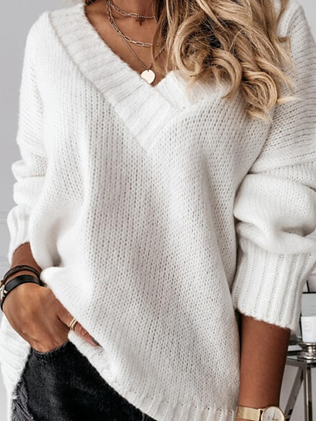  Women's Pullover Sweater jumper Jumper Ribbed Knit Knitted Pure Color V Neck Stylish Casual Holiday Going out Winter Fall Blue Khaki S M L / Long Sleeve / Regular Fit